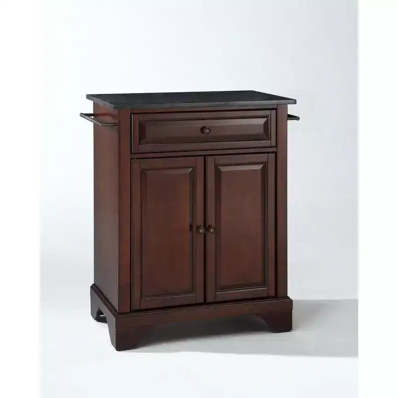 Granite Top Small Portable Rolling Kitchen Island Storage Cart, Microwave Stand, Black