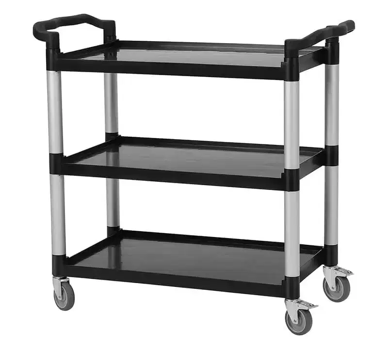 360 Degree Restaurant Cart, 42Wx 20Dx 39H Heavy Duty Rolling Food Service Cart, 3 Shelf Plastic Utility Cart with Lockable Wheel