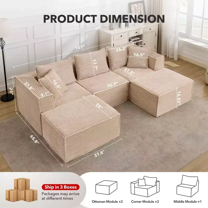 Modular Living Room Sofa, Cloud-Shaped Modular Sofa, Modern Minimalist Design, With Footstool, No Assembly Required, Suitable for Living Room