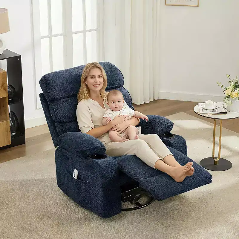 8-Point Massage & Heating Recliner Chair, 360 Swivel Glider Rocker with Side Pocket & Cup Holders, Supports 400LBS, Linen Fabric