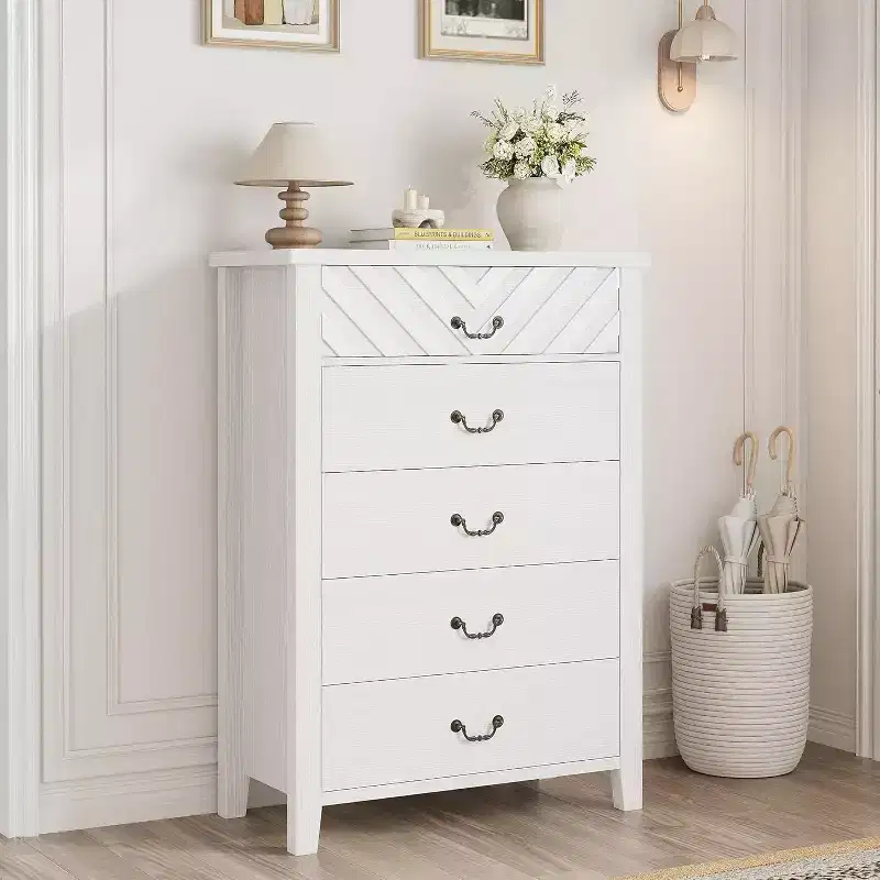 Farmhouse 5-Drawer Dresser, 45 Tall Vertical Storage Chest with Geometric Drawer Fronts for Bedroom, Closet, Entryway