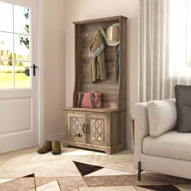 GALANO Hall Tree with Bench and Mirror Door Storage in Knotty Oak 31.3 W x 15.7 D x 68.3 H