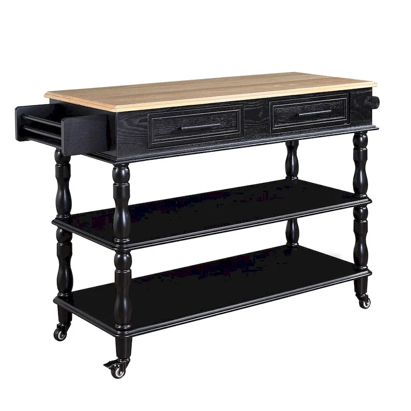 Rolling OAK Wood Top Kitchen Cart with Wine Rack and 2 Drawers