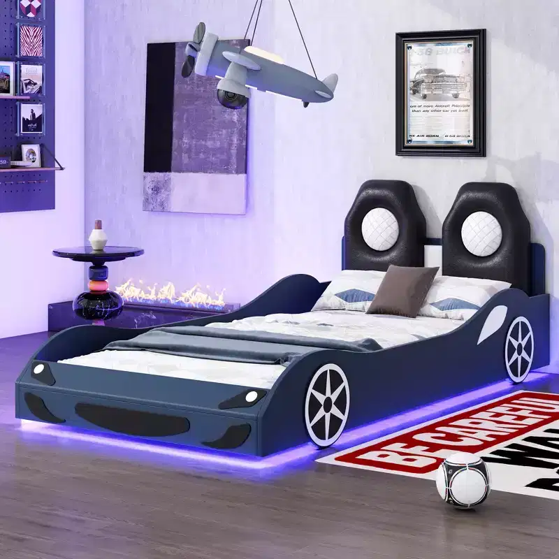Twin Size Race Car Bed for Boys, Car Shaped Bed with LED Light and Upholstered Backrest, Wood Car Bed Platform Frame Bed for Kids