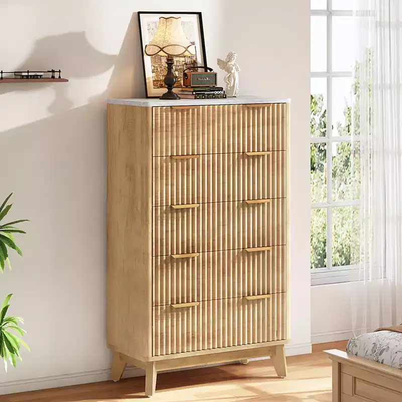 Fluted Drawer Dresser with Faux Marble Top, Wide Chest of Drawers for Bedroom, Living Room, Hallway, Entryway