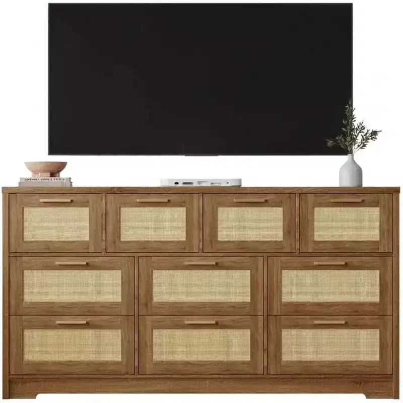 10-Drawer Rattan Dresser 60 x 16 x 32 Wooden TV Stand Ample Tabletop Stylish Handles for Bedroom Living Room Hallway