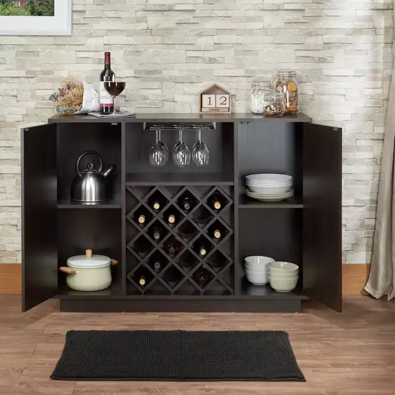 Modern Wood Wine Cabinet with 18-Bottle Rack, Cup Holder, and Storage Shelves