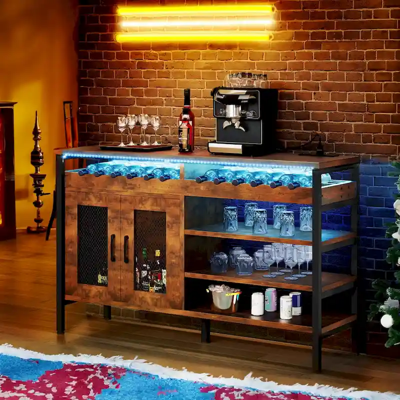 55 Industrial Coffee Bar Cabinet with Led Lights and Power Outlets - 55L x 15.7W x 29.5H