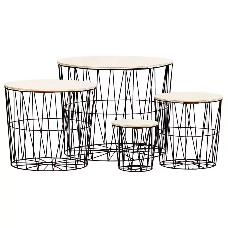 vidaXL - Vintage Charm 4 Piece Coffee Table Set, Black Metal Frame with Solid Wood Top, Space Saving Nesting Tables, Converts to Storage Baskets
