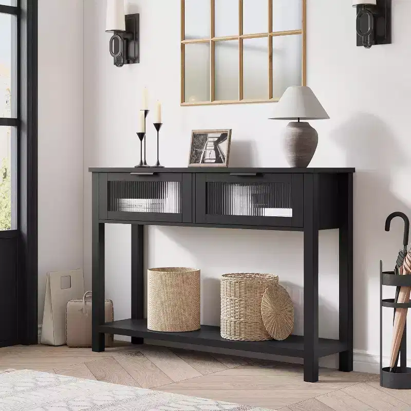 43.3'' Entryway Table, Wood Console Table with 2 Glass Drawers and Open Shelf,Behind Couch Entry Foyer Hallway Storage,for Living Room, Hallway