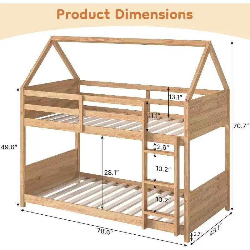 Twin over Twin House Floor Bunk Bed for Kids with Ladder, Full-Length Bed Rail and Slats, White Oak