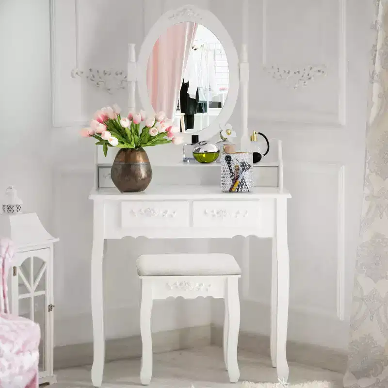 Wood Makeup Vanity Dressing Table with Stool and 4 Drawers, Black/White