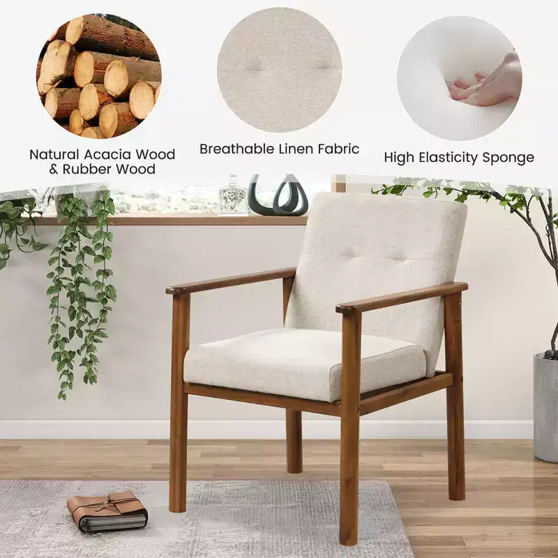 Modern Accent Chair Upholstered Linen Fabric Armchair with Solid Wood Legs