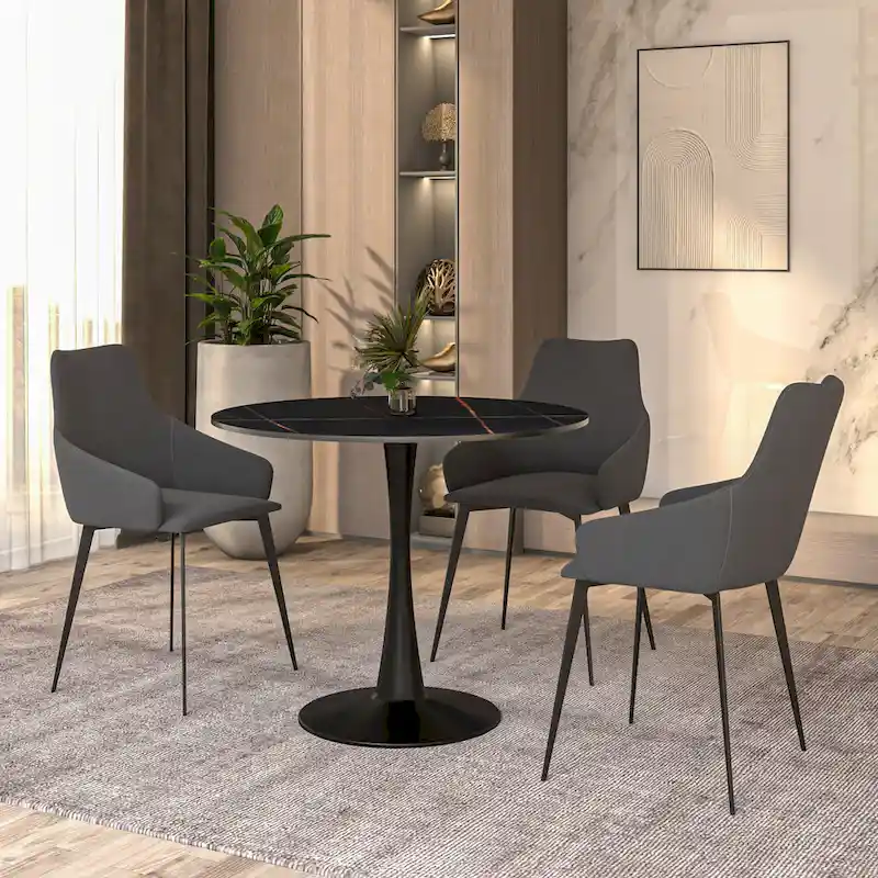 Bristol 32 Round Minimalist Dining Table for 4, Sintered Stone Top & Black Iron Pedestal Base for Kitchen & Dining Room