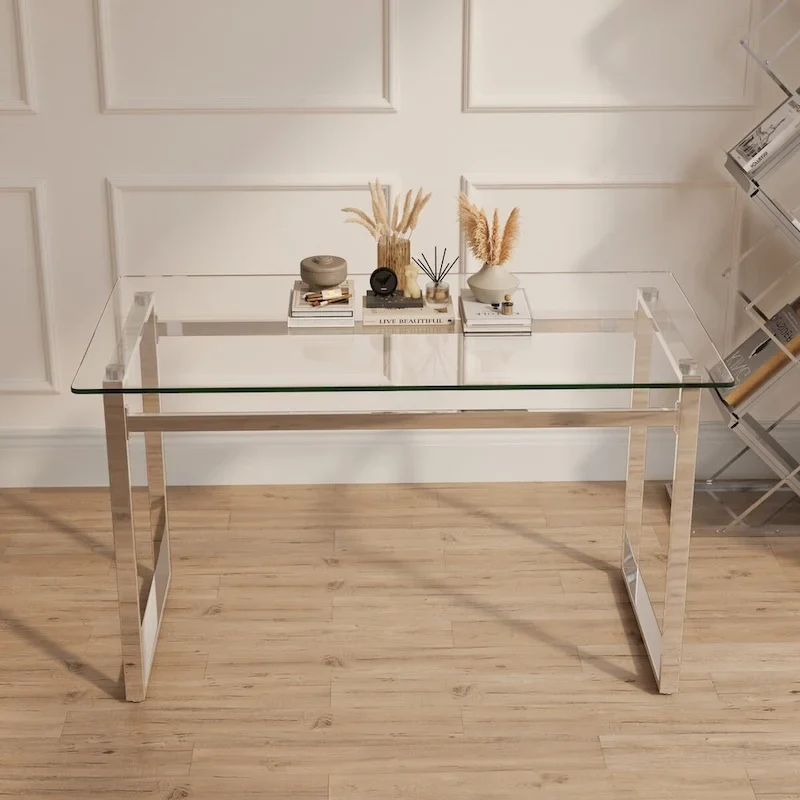 Modern Minimalist Rectangular Glass Dining Table for 4-6 with 0.31 Tempered Glass Tabletop and Silver Chrome Metal Legs
