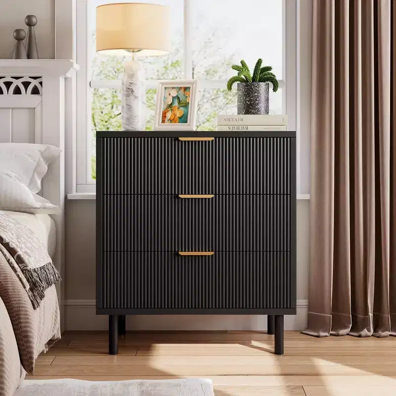 27.6 Wide Black Fluted 3 Drawers Dresser, Wood Storage Dresser Chest of Drawers Organizer with Metal Legs and Anti-Tipping Device