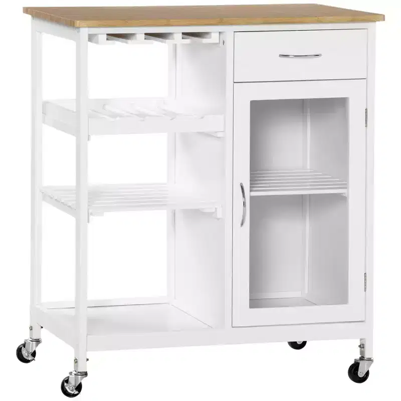 Rolling Kitchen Island with Storage, Kitchen Cart with 4-bottle Wine Rack, Bar Cart with Stemware Holder, Shelves, Drawer and Cabinet