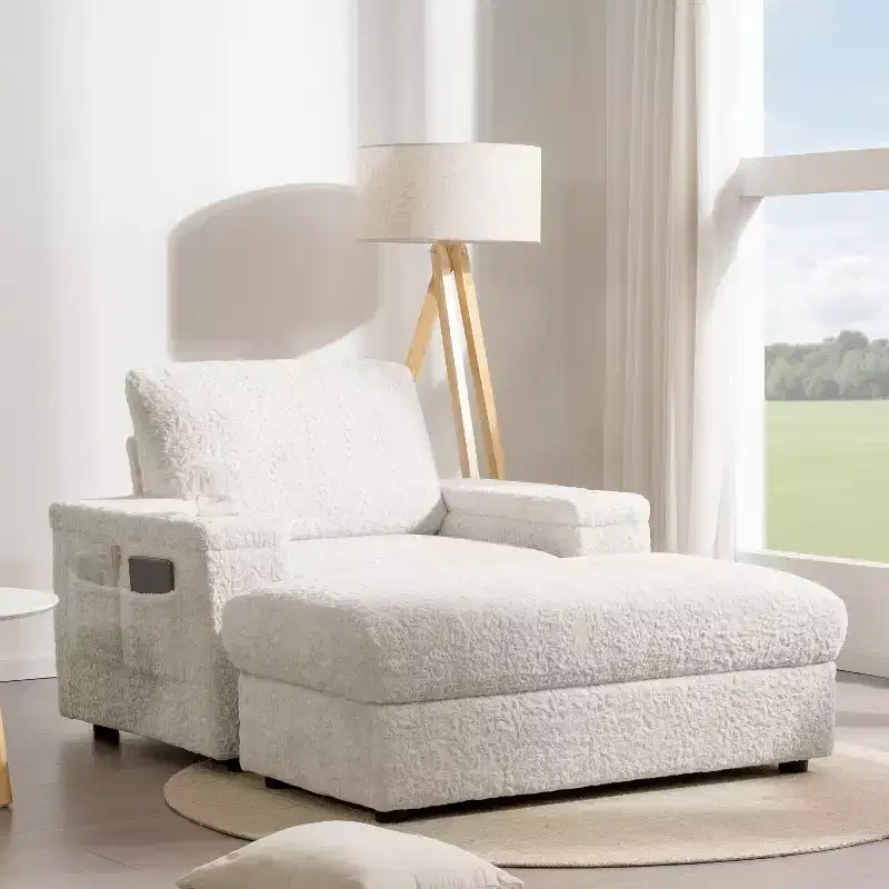 Oversized Faux Rabbit Fur Chaise Lounge Sofa Bed with Storage, Armrests & Cup Holders