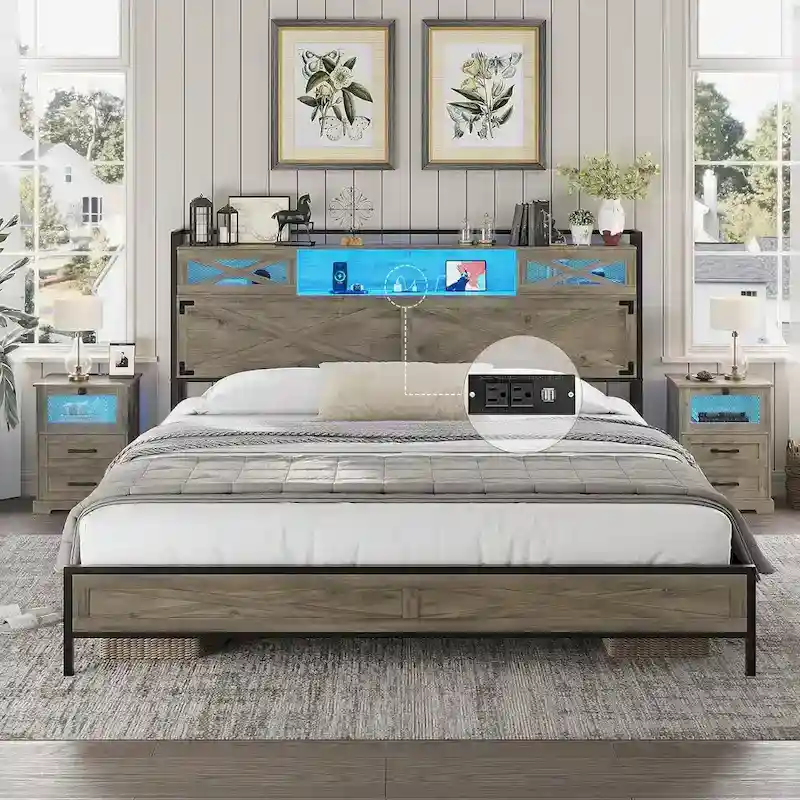 Wood Farmhouse Bed Frame with Sliding Barn Door Storage Headboard