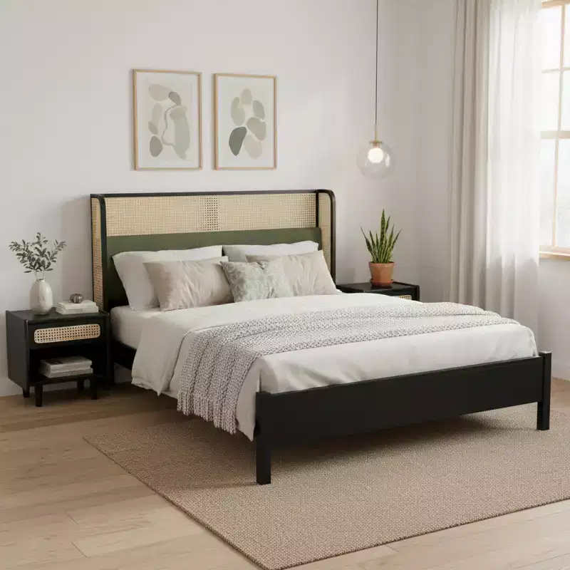 Christopher Knight Home Megan Contemporary Wooden Bed Frame with Rattan Upholstered Headboard