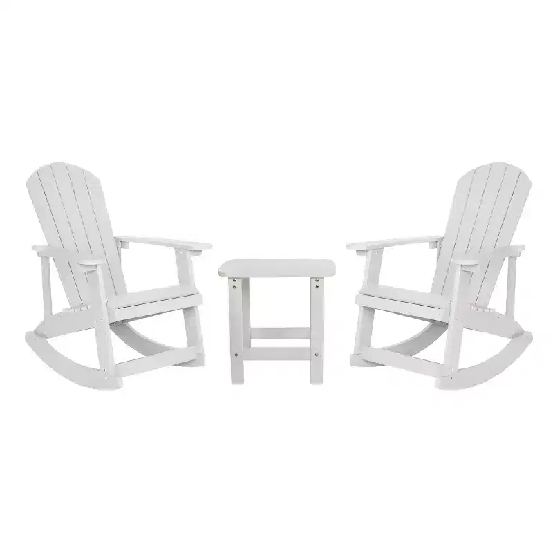 Flash Furniture Set of 2 Savannah All-Weather Poly Resin Wood Adirondack Rocking Chairs with Side Table