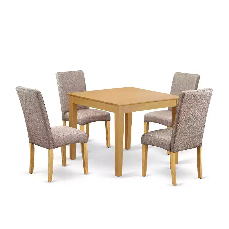 Country Cottage Dining Set - 5Pc Square Table & 4 Chairs - Linen Fabric - Oak Finish