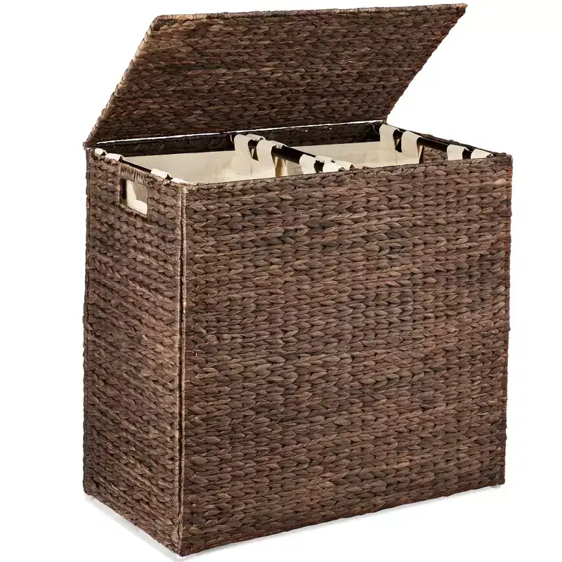 Large Natural Water Hyacinth Double Laundry Hamper Basket w/ 2 Liner Bags, Handles