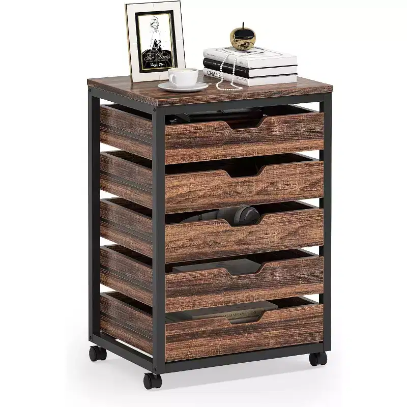 5-Drawer Wood Storage Cabinet with Wheels Smooth Slides 150 lbs Capacity Desktop Space