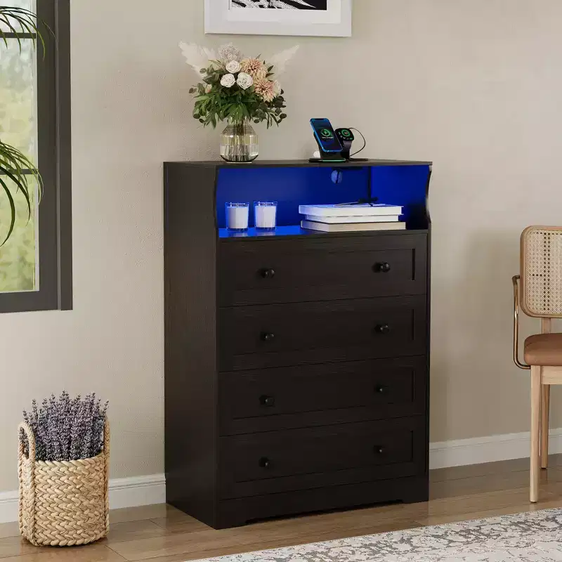Wood 4-Drawer Dresser with LED Lights & Charging Station