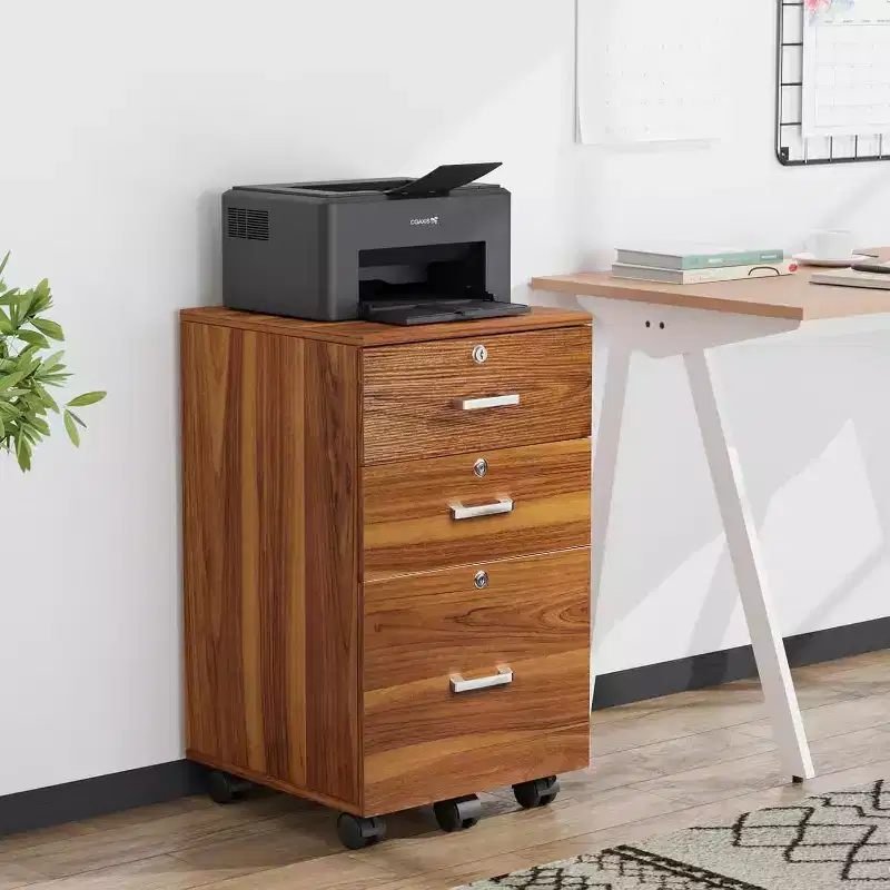 3-Drawer File Cabinet with Lock, Wood Rolling Filing Cabinet for Home Office, Mobile Printer Stand, Under Desk File Organizer
