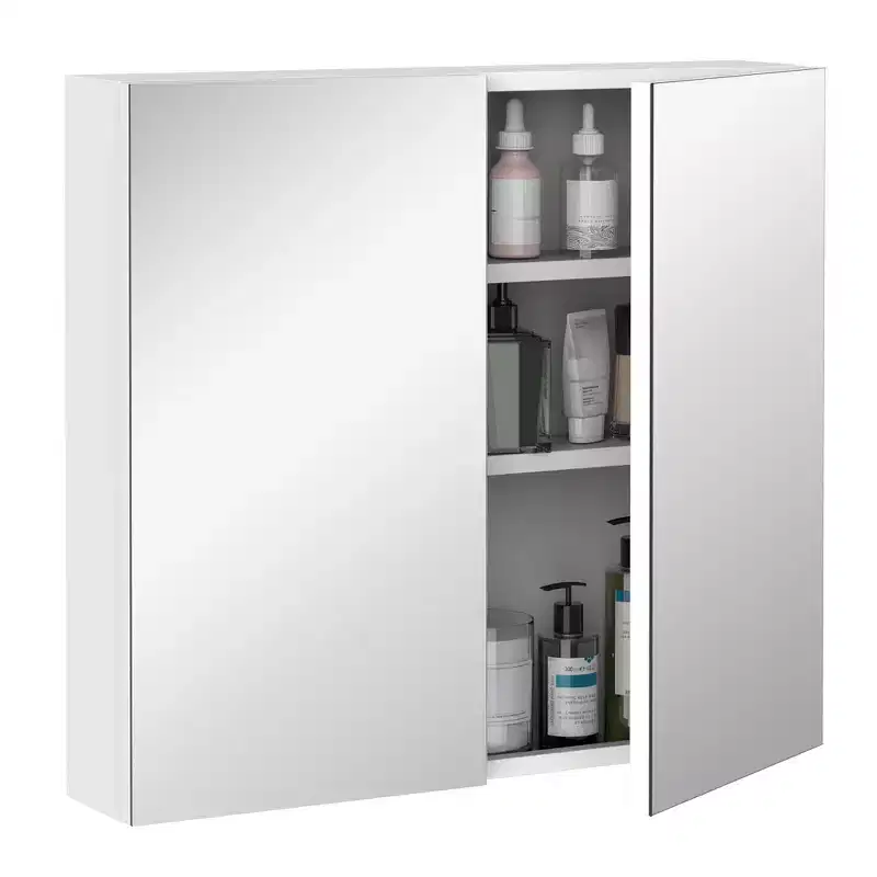 kleankin Bathroom Mirrored Cabinet, 24x22 Steel Frame Medicine Cabinet, Wall-Mounted Storage Organizer with Double Doors