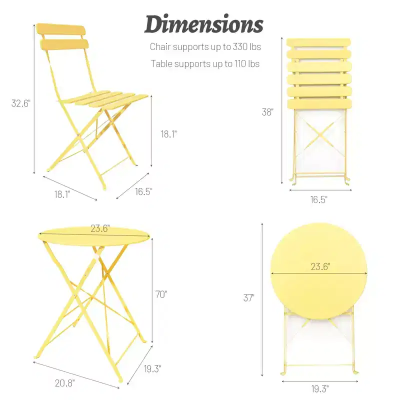 1 set of metal 3-piece set of terrace pub balcony metal chairs and tables yellow
