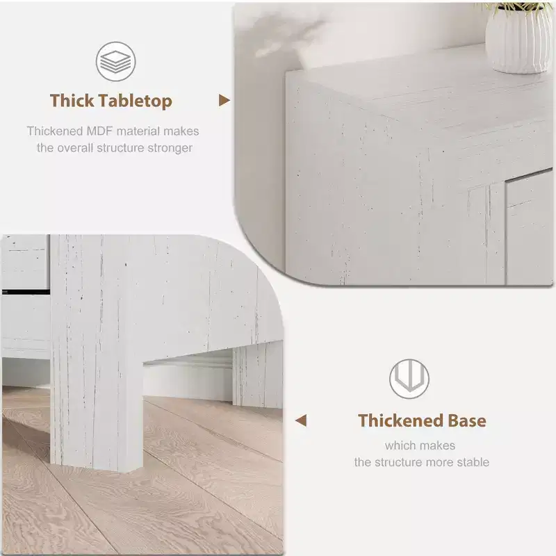 Farmhouse-style TV stand for 80-inch TVs, with 6 storage drawers and a speaker rack, suitable for living rooms and bedrooms.