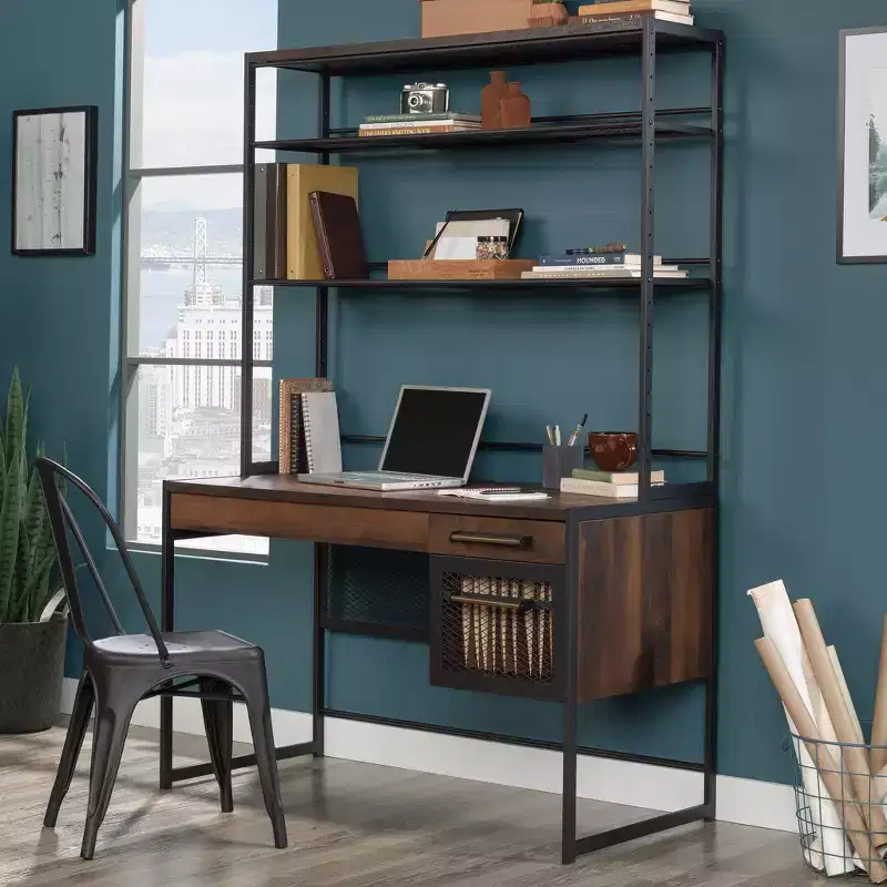 Home Office Desk with Hutch, Shelf and File Drawer, Barrel Oak