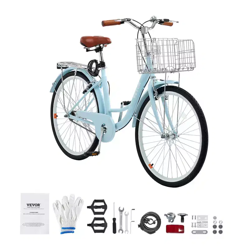 VEVOR Cruiser Bike, 1-Speed, 26-Inch Light Blue Beach Cruiser Bike with Large Capacity Basket and Rear Rack, Secure & Sturdy Cruiser Bike,Light Blue
