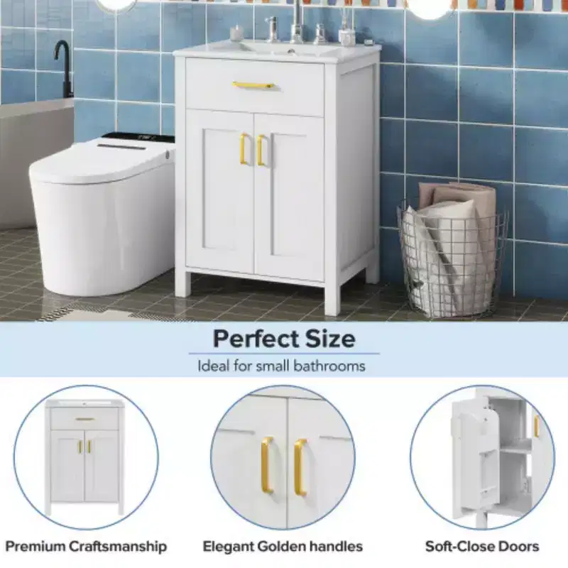 24 inch bathroom storage cabinet with ceramic sink, luxurious and space saving dressing table