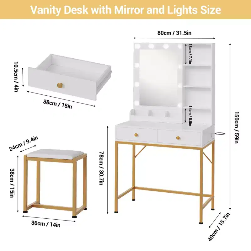 1 set of iron-inlaid vanity with 2 drawers + adjustable 3-color brightness bulb, hairdryer holder, suitable for bedrooms and living rooms