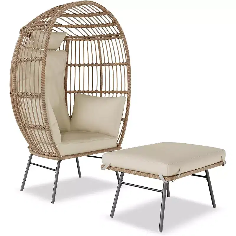 Outdoor Wicker Egg Chair with Ottoman, Oversized Rattan Patio Lounge Chairs, Thick Cushion, 440LBS, for Patio, Porch, and Backyard Relaxation