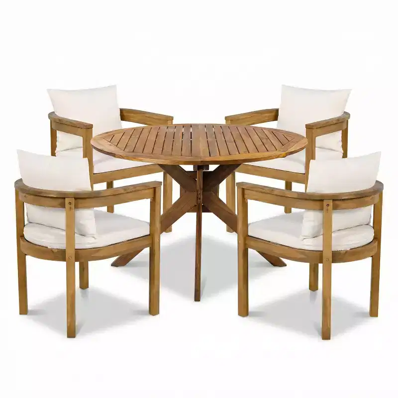 Christopher Knight Home Zariah 5 Piece Patio Rustic Acacia Wood Dining Set with Cushions and Slatted Table