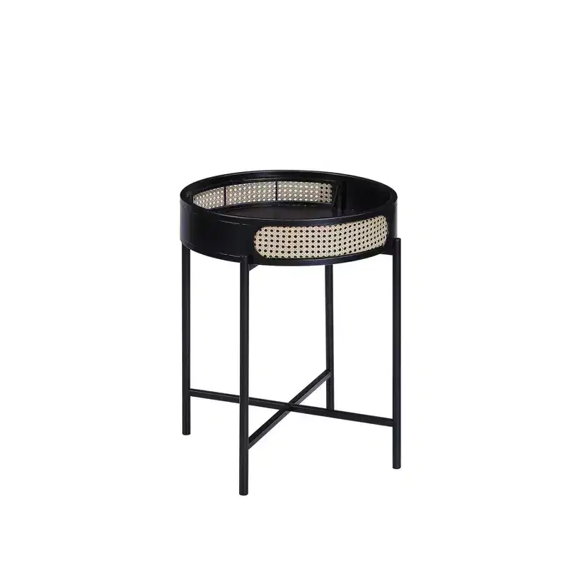 22 Colson Accent Table Black Finish - Acme Furniture: Rattan Detail, Metal Frame, Wood Top, No Assembly Required