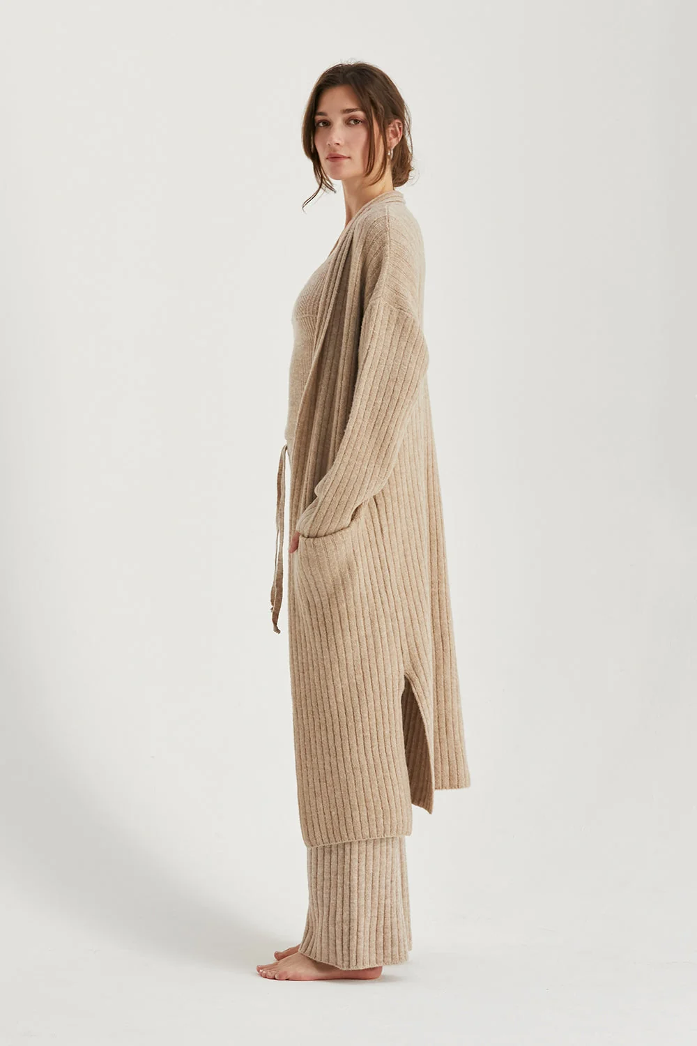 Longline Open Front Ribbed Knit Sweater Cardigan with Patch Pockets