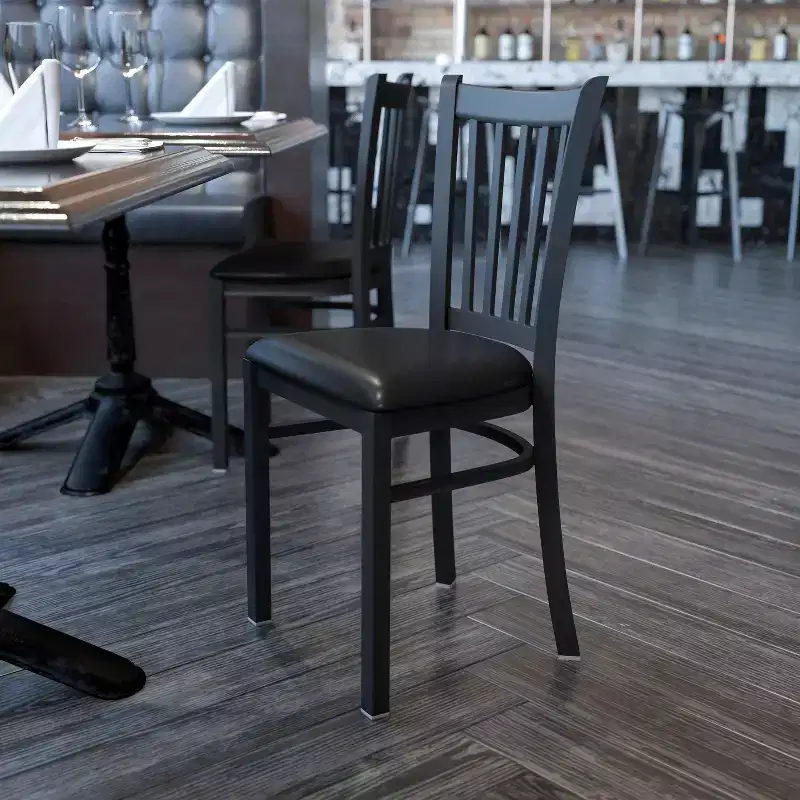 Black Metal Frame Vertical Back Dining Chair – Vinyl or Wood Seat, Seats 1