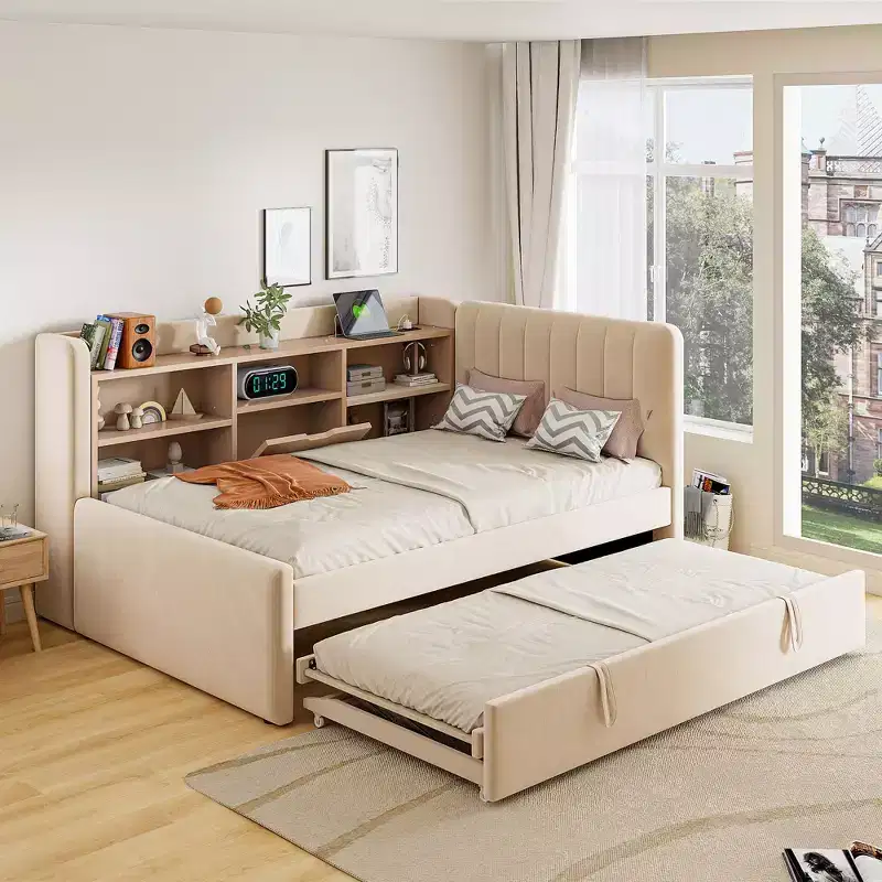 Merax Modern Twin Size Upholstered Daybed with Trundle, Storage Space, USB Ports & Power Outlet