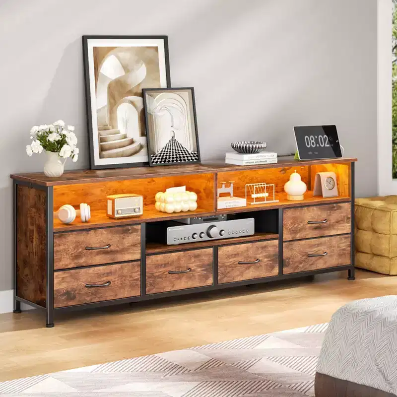 Qwatto 63 Inch Brown TV Stand Dresser with Charging Station LED Lights 6 Drawers Entertainment Center for TVs up to 70 Inch Media Console Living Room