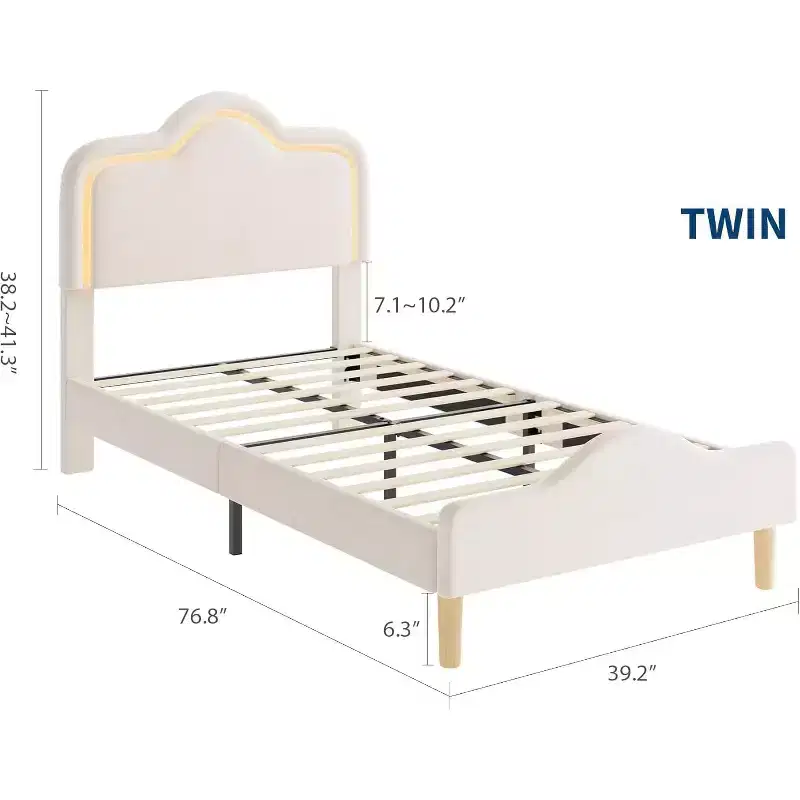 Twin Size Bed Frame, Headboard and Footboard, Velvet Upholstered Princess Platform Bedframe for Kids, Wooden Slats Support, No Box Spring Needed