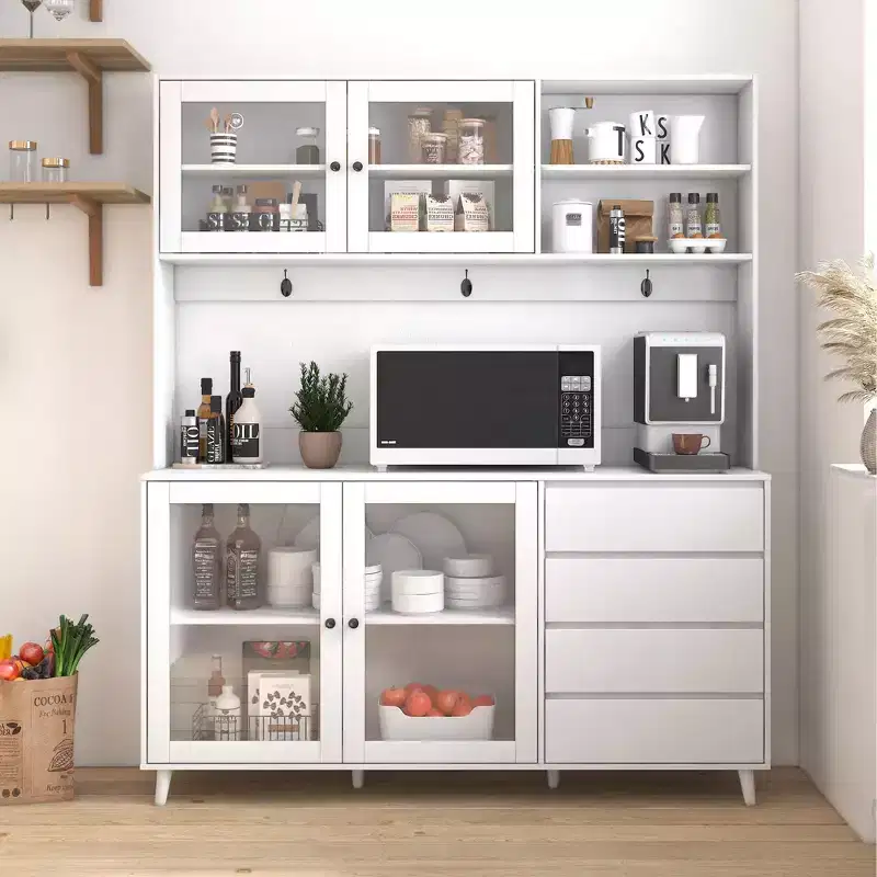 63W Kitchen Hutch Cabinet Kitchen Pantry Storage Cabinet Buffet Cabinet Cupboard with Drawers, Hanging Hooks and Microwave Shelf, White-ModernLuxe