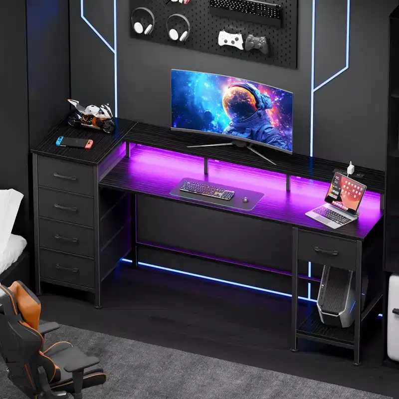 61 Inch Black Computer Desk with Charging Station Gaming Desk LED Lights Reversible 5 Fabric Drawers Home Office Writing Table Study Storage