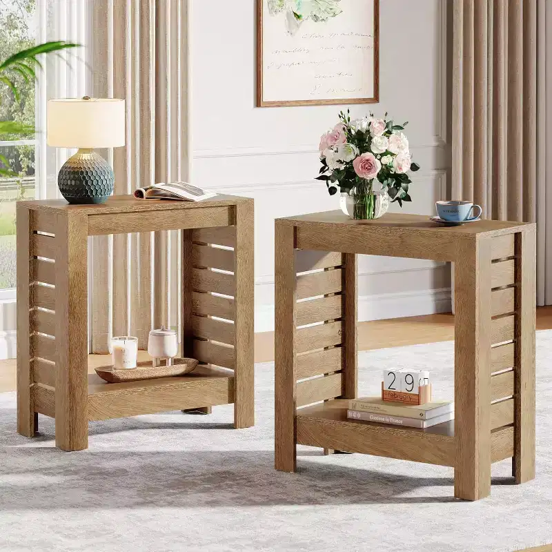 Lantine Narrow Side Table Set of 2, 2-Tier Farmhouse Wooden End Table with Storage Shelf for Living Room, Bedroom, Office, Easy Assembly