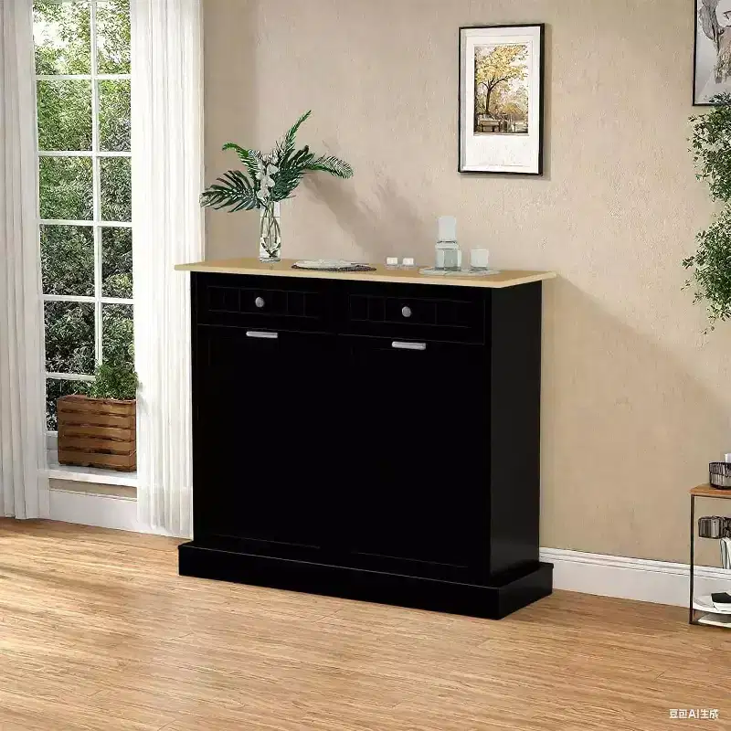 Tilt-Out Trash Cabinet with Hideaway Drawer, 20 Gallon Kitchen Waste Bin Storage for Living Room
