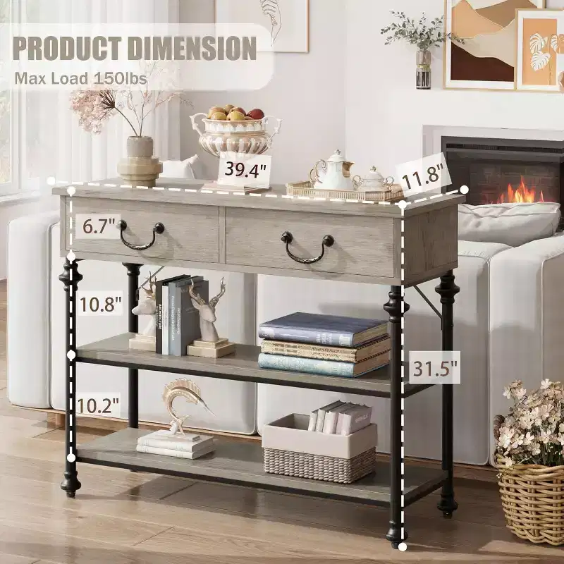 Console Table with 2 Drawers and Storage Shelves, Small Entryway Table for Hallway, Living Room